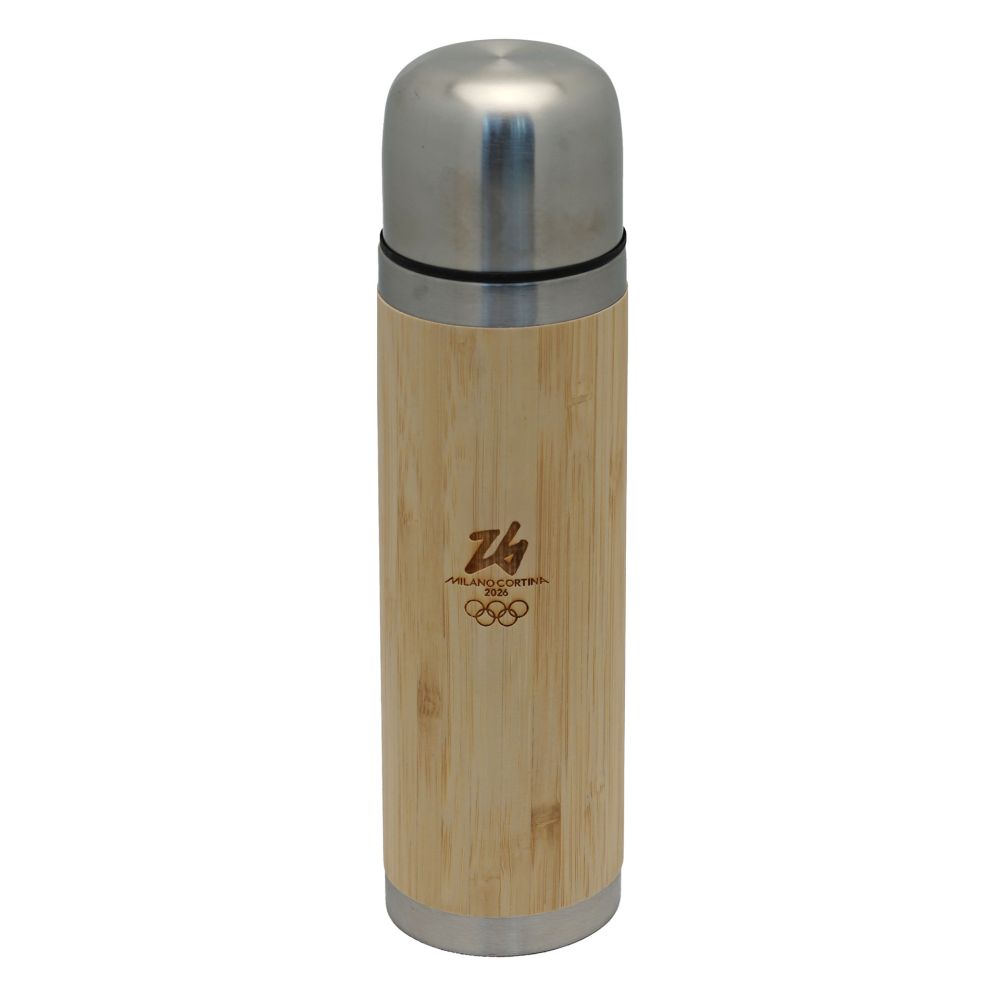THERMOS ACCIAIO INOX E BAMBU' 400 ML OLYMPIC EMBLEMA MONOCROMATICO LOGO