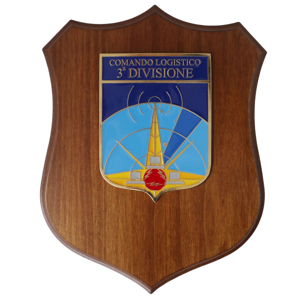 CREST IN METALLO SMALTATO BASE LEGNO 22,5X17,5CM COMANDO LOGISTICO 3 DIVISIONE AERONAUTICA MILITARE