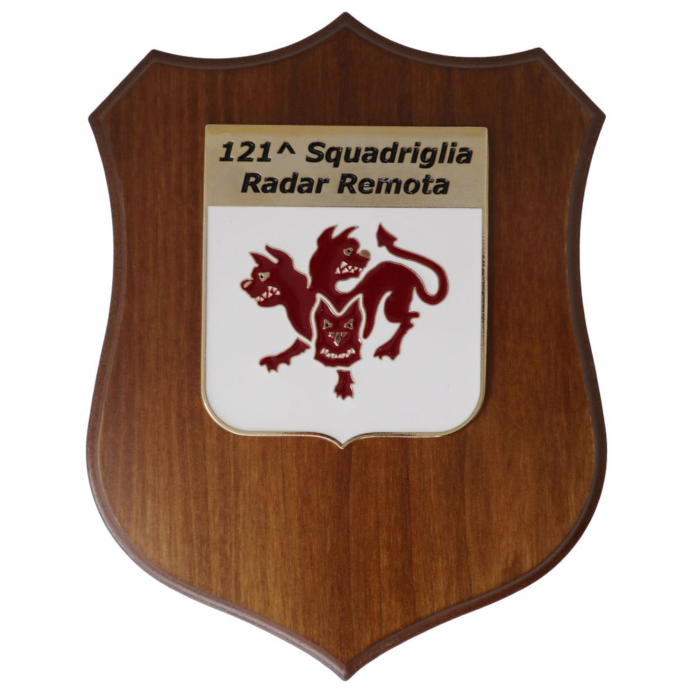 CREST IN METALLO SMALTATO BASE LEGNO 22,5X17,5CM 121 SQUADRIGLIA RADAR REMOTA AERONAUTICA MILITARE