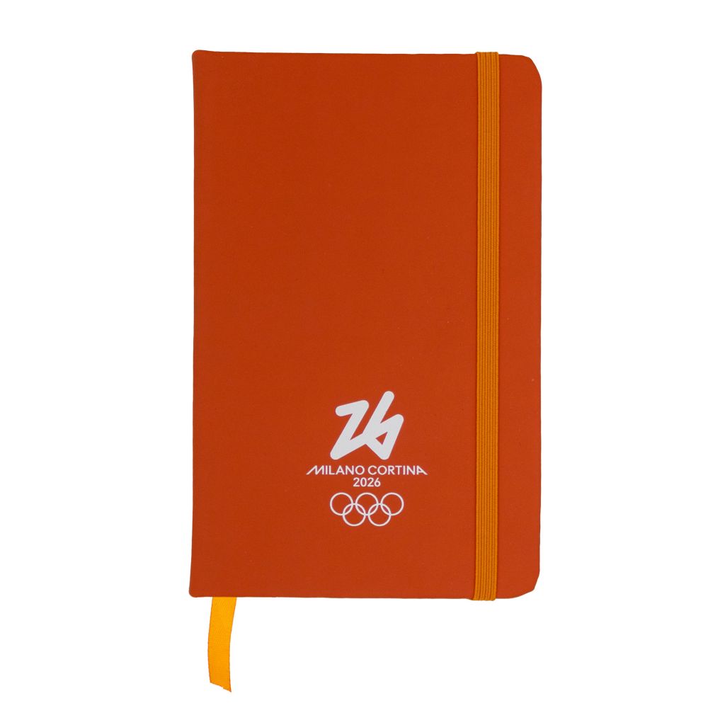 TACCUINO IN PU F.TO A6 FONDO ARANCIO 96 PAG. A RIGHE OLYMPIC EMBLEMA BIA