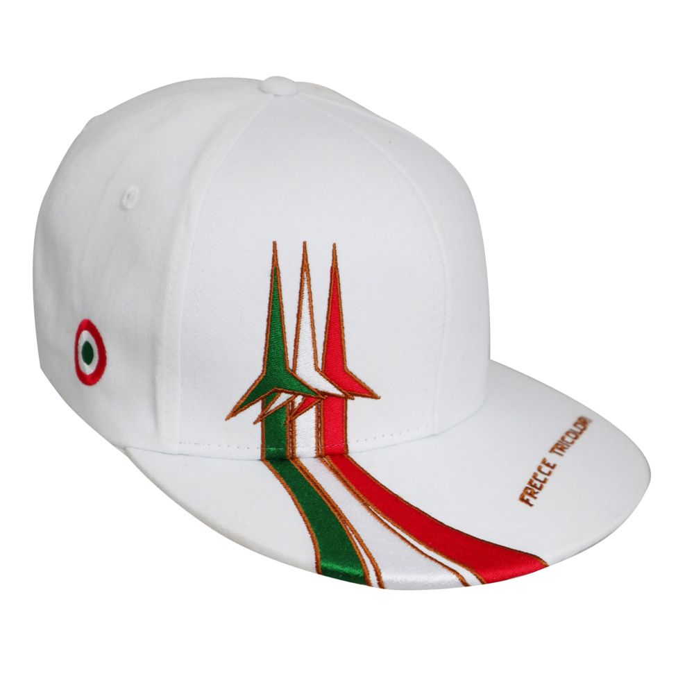 CAPPELLINO IN COTONE BIANCO, RICAMO FRECCE TRICOLORI SU VISIERA PIATTA