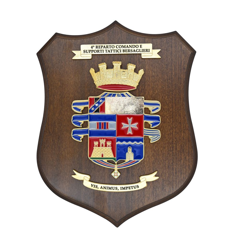 CREST IN METALLO SMALTATO BASE LEGNO 22,5X17,5CM 4 RCST BERSAGLIERI ESERCITO ITALIANO