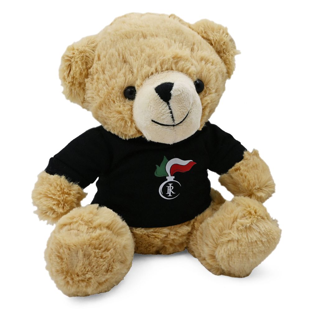 ORSETTO PELUCHES SEDUTO, H 24 CM, MAGLIETTA NERA