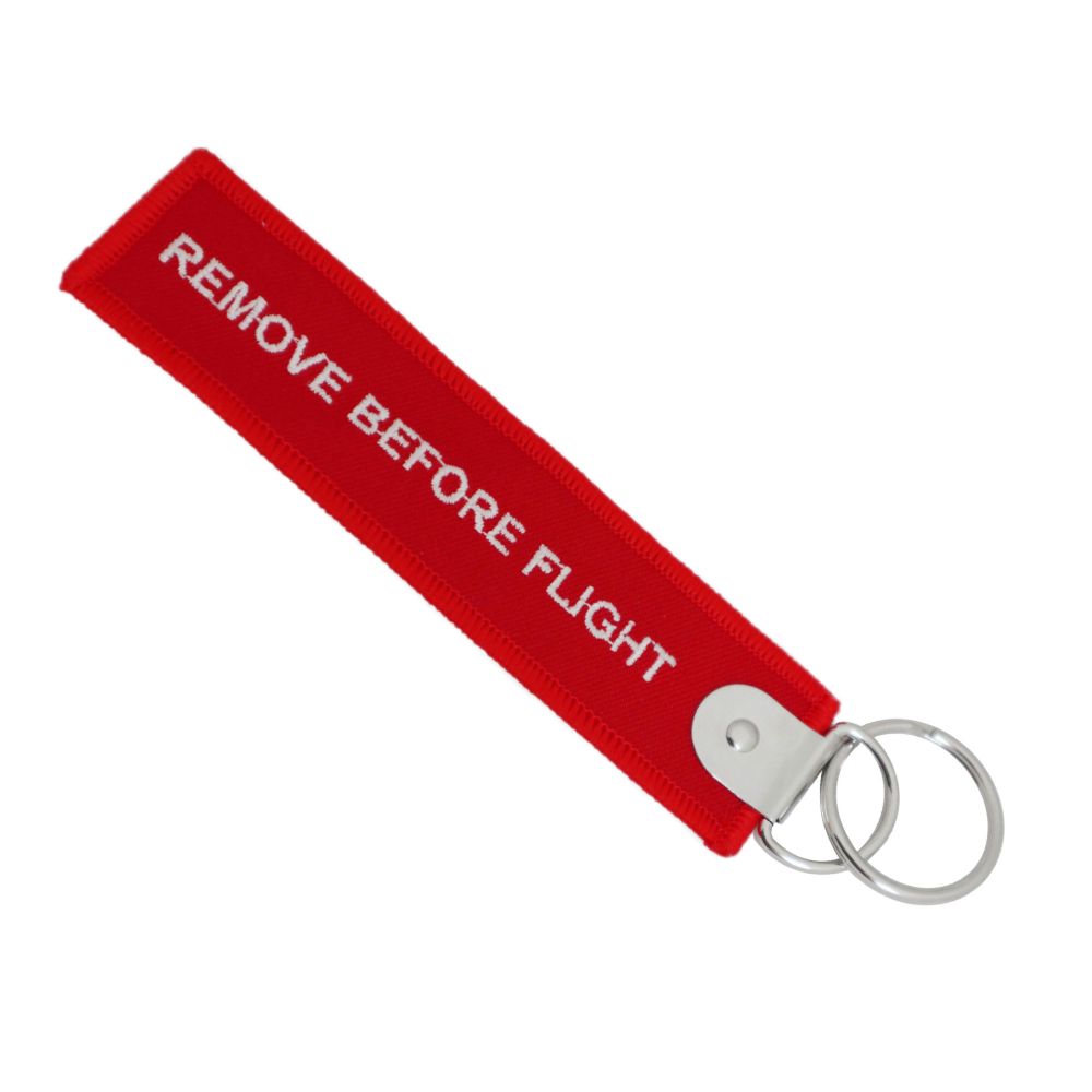 PORTACHIAVI STANDARD IN STOFFA RICAMATO ROSSO, SCRITTA REMOVE BEFORE FLI