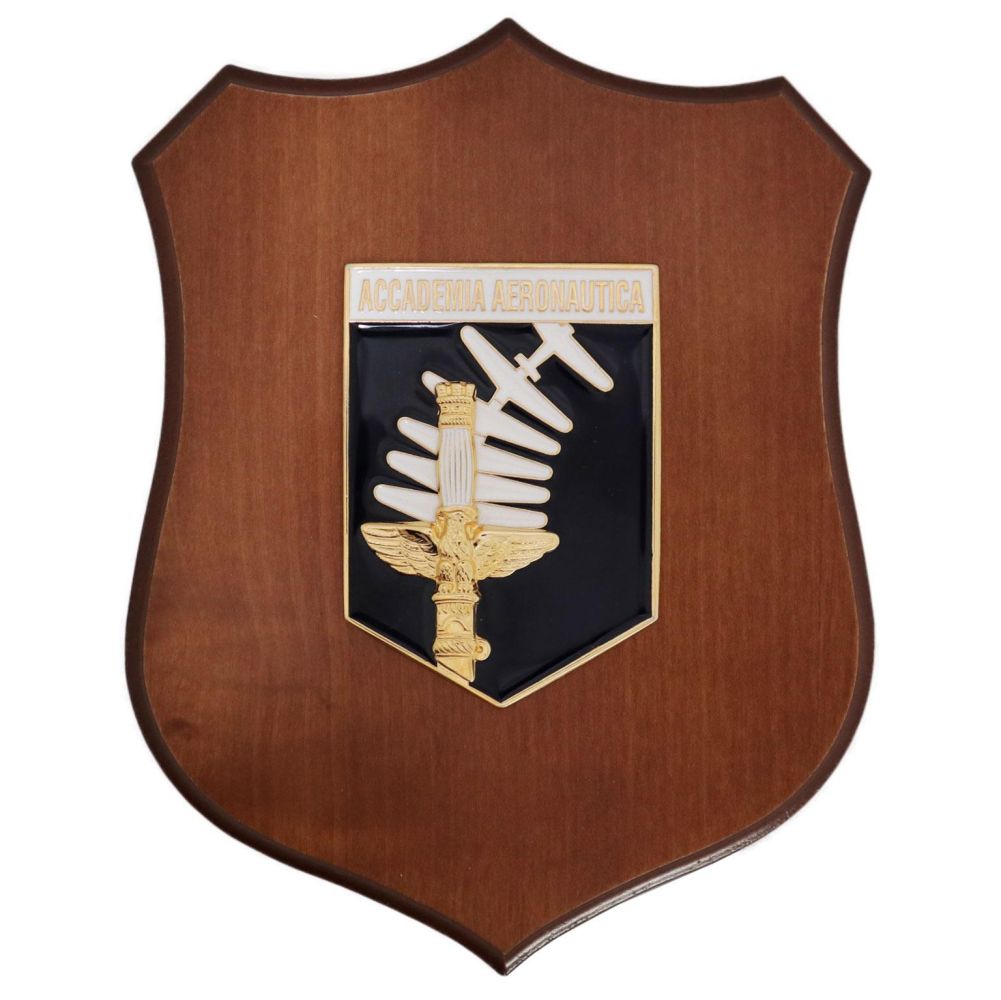 Crest 22,5x17,5cm in metallo smaltato con base in legno dell'Accademia Aeronautica