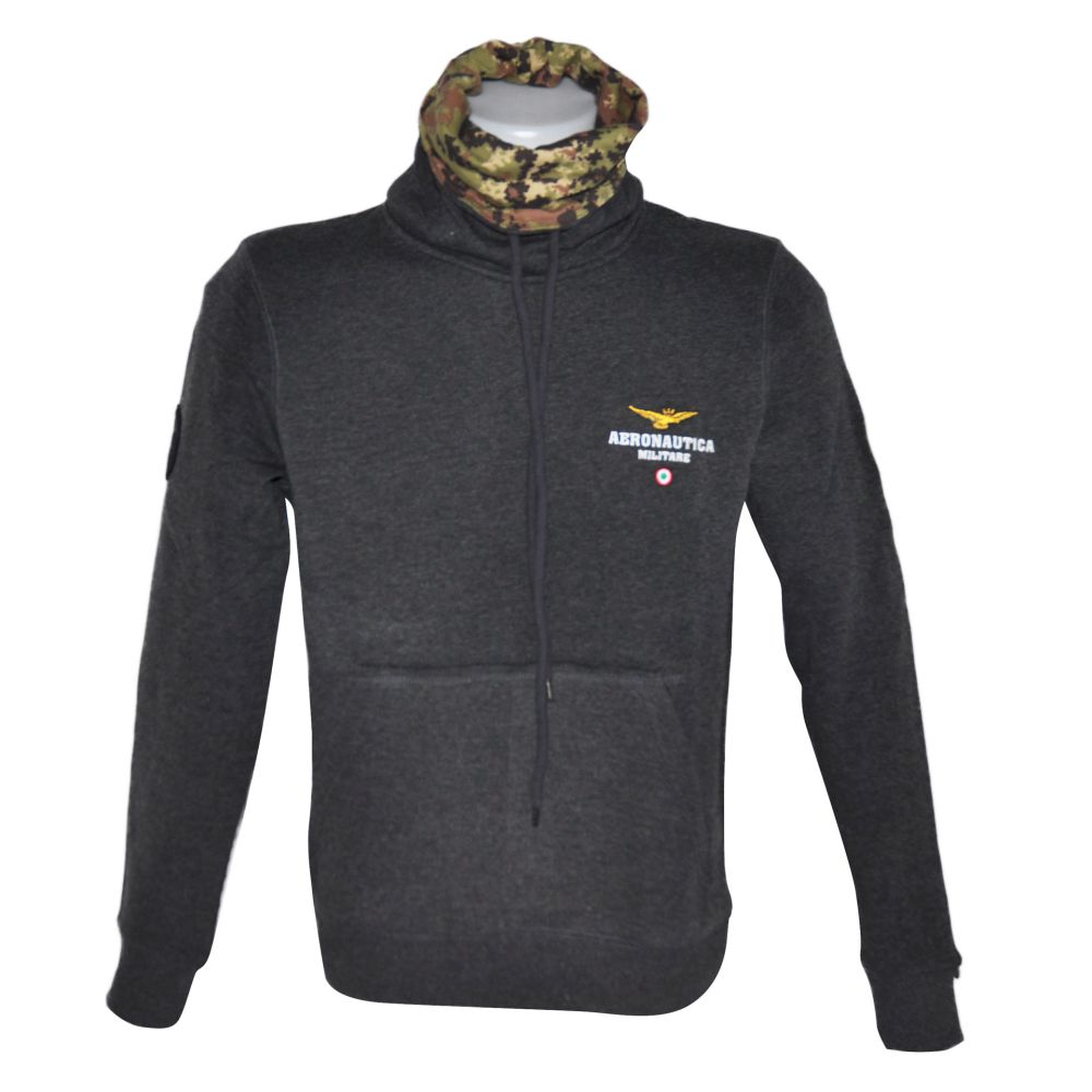 FELPA GRIGIO SCURO CON LOGO RICAMATO, TASCONE FRONTALE E COLLO LUPETTO,AERONAUTICA MILITARE