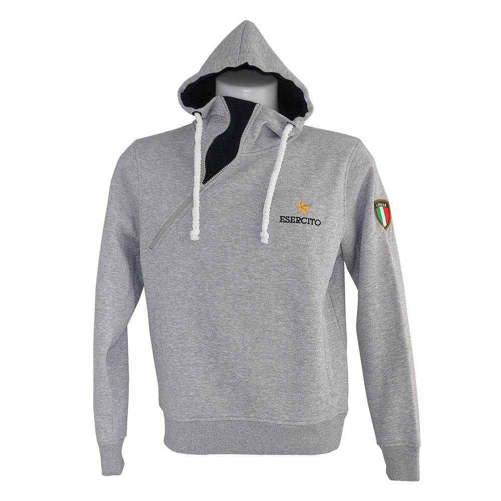 FELPA GRIGIA CON LOGO RICAMATO, CAPPUCCIO, ZIP TRASVERSALE, ESERCITO