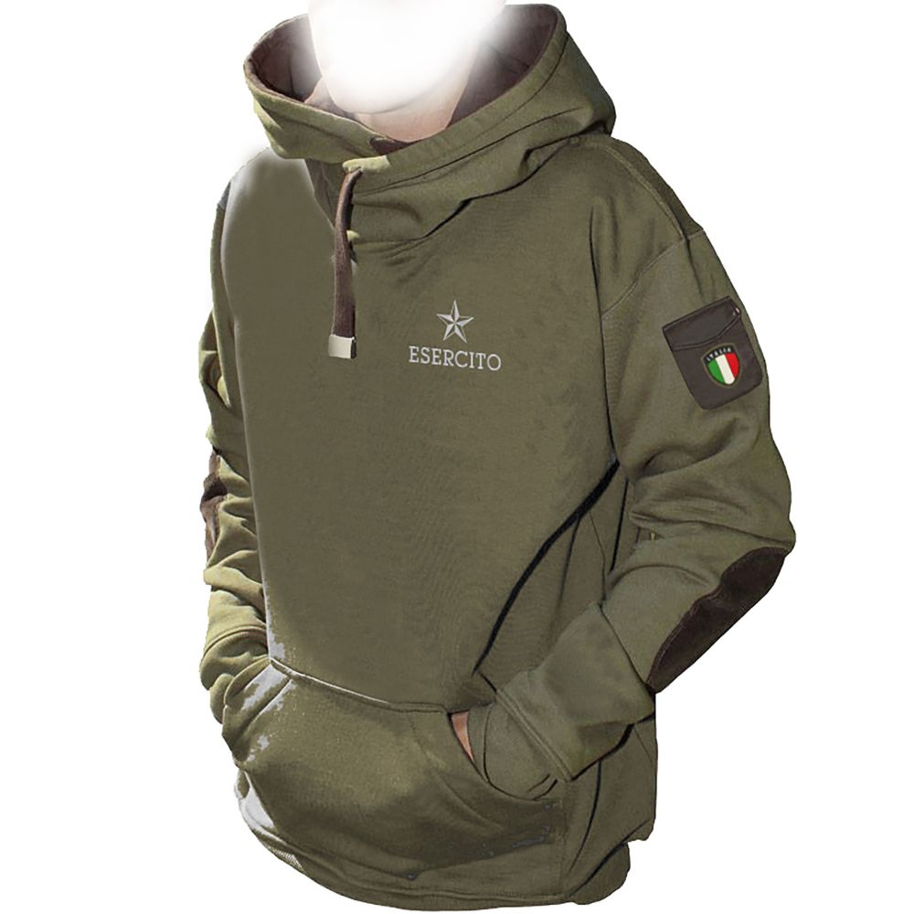 FELPA VERDE CON LOGO RICAMATO, CAPPUCCIO A COLLO ALTO, TASCONE, ESERCITO