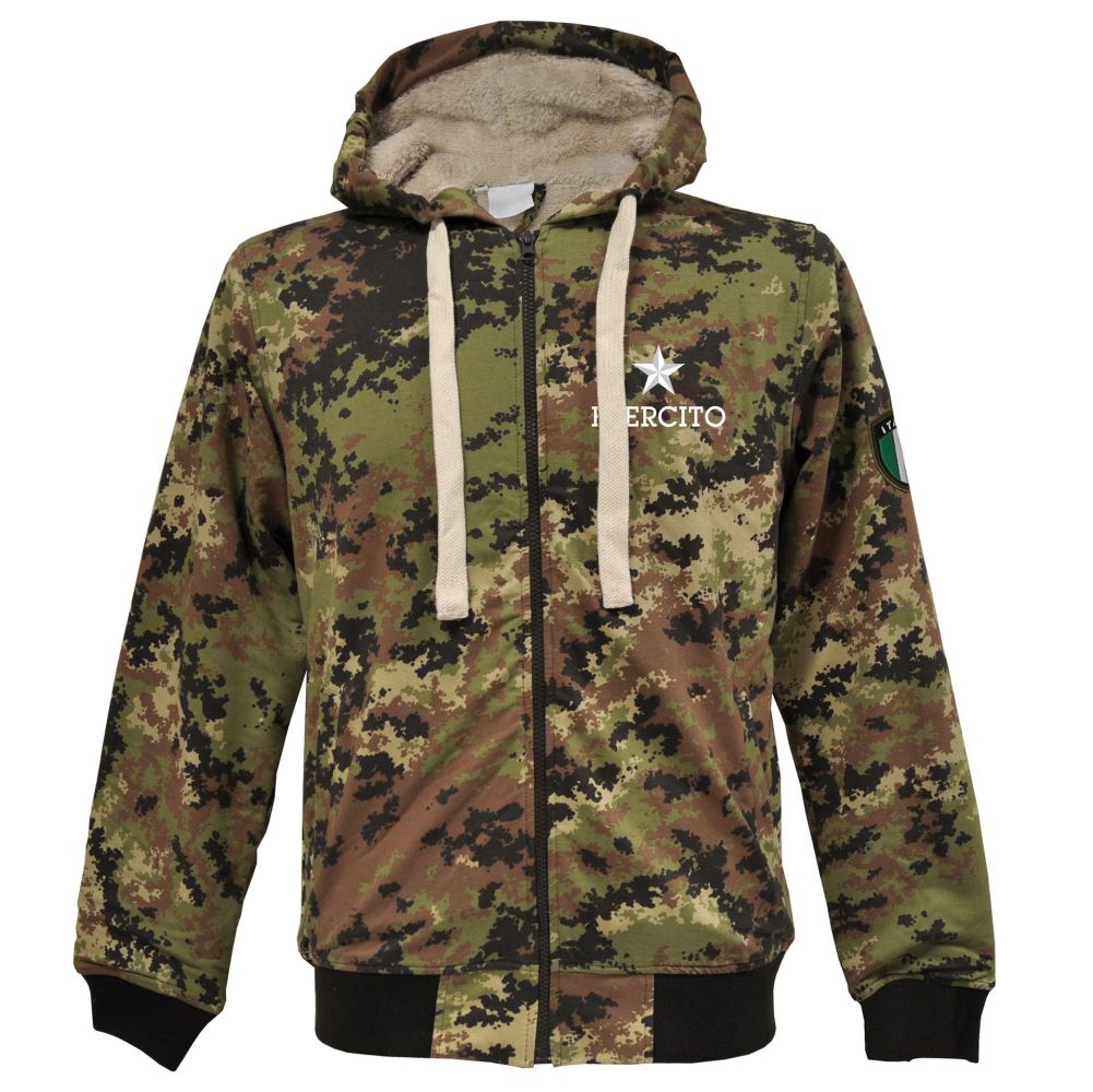 FELPA MIMETICA CON LOGO RICAMATO,  CAPPUCCIO, ZIP, TASCONI FRONTALI, ESERCITO