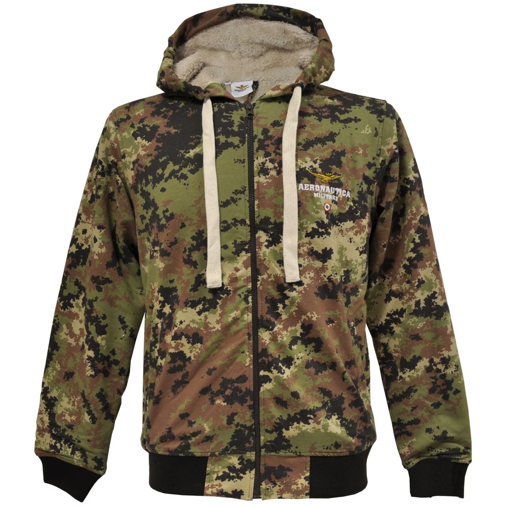 FELPA MIMETICA CON CAPPUCCIO, ZIP, TASCONI FRONTALI, LOGO RICAMATO A.M.