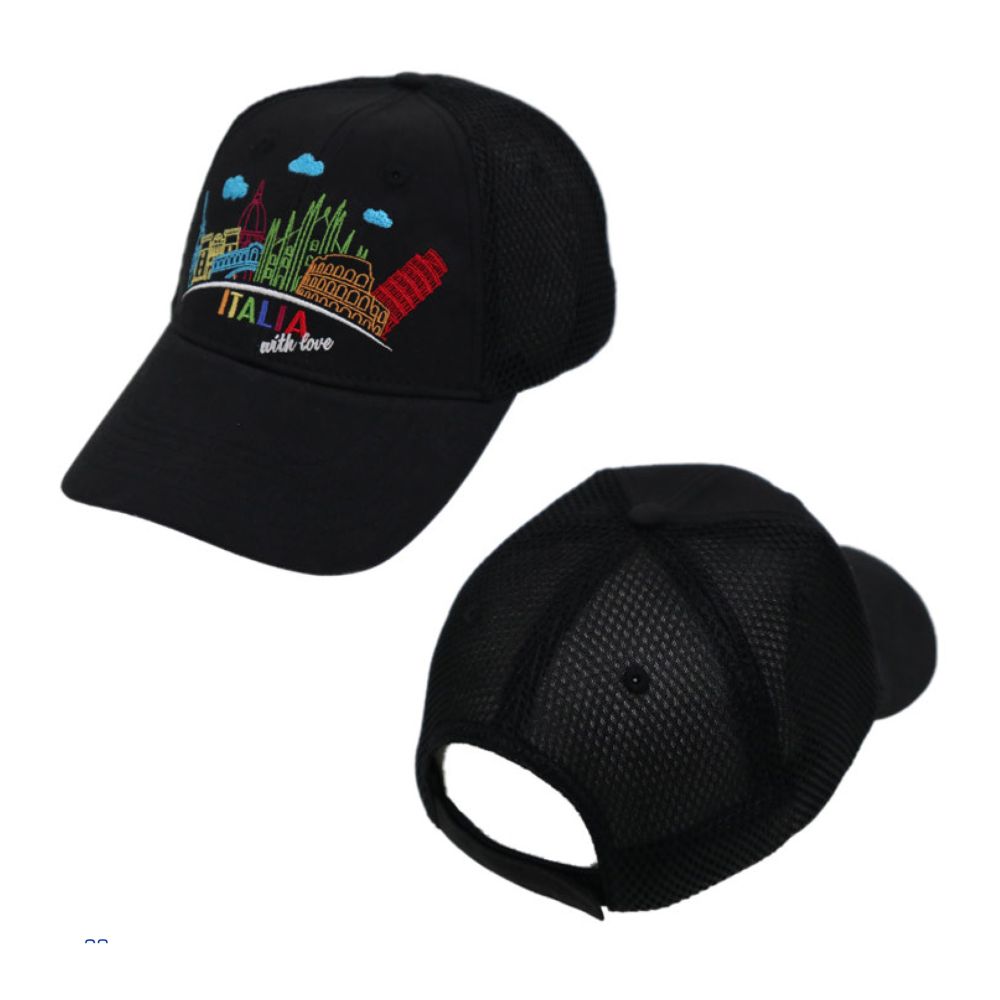 CAPPELLINO CON VISIERA IN COTONE NERO, RICAMO ITALIA WITH LOVE