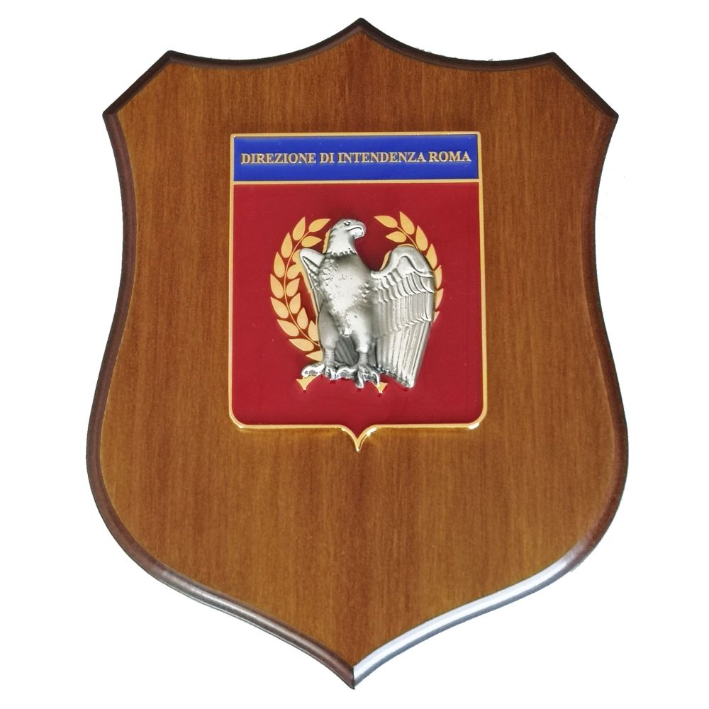CREST IN METALLO SMALTATO BASE LEGNO 22,5X17,5CM DIREZIONE DI INTENDENZA DI ROMA AERONAUTICA MILITARE