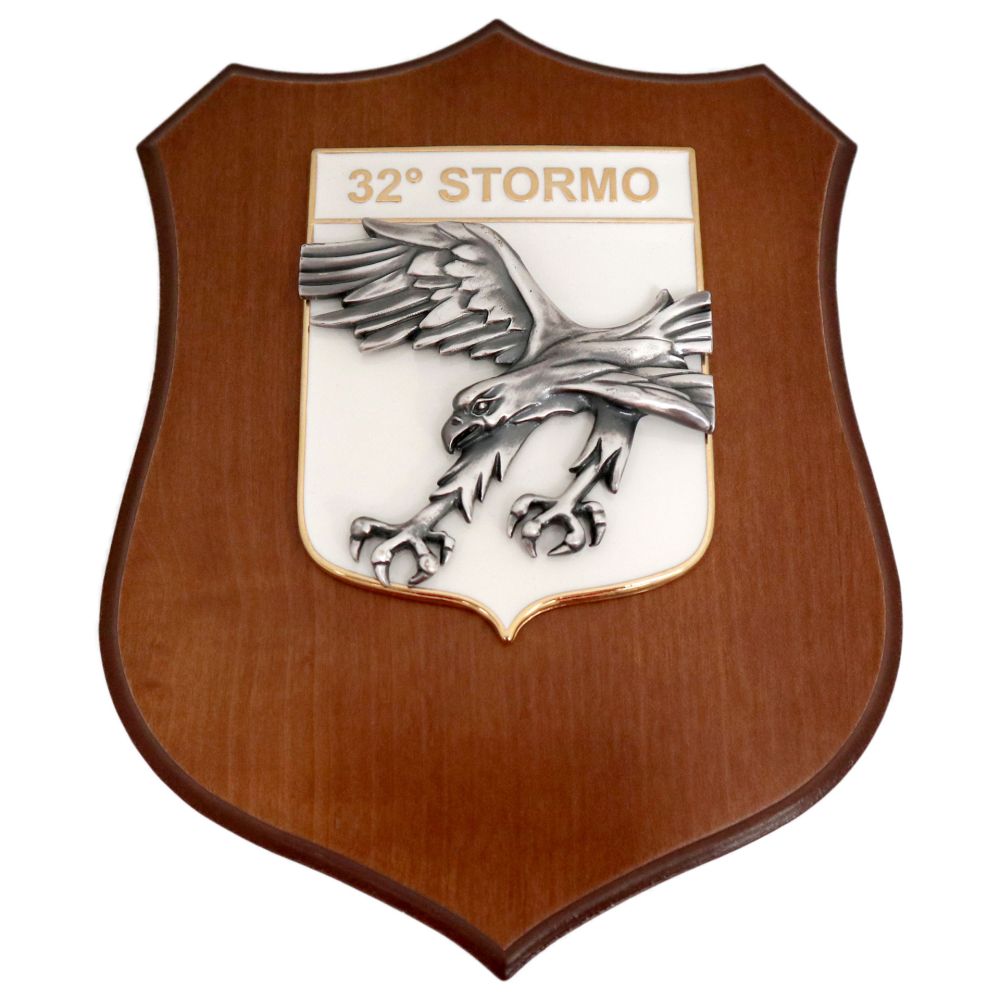 CREST IN METALLO SMALTATO BASE LEGNO 22,5X17,5CM 32 STORMO 3D AERONAUTICA MILITARE