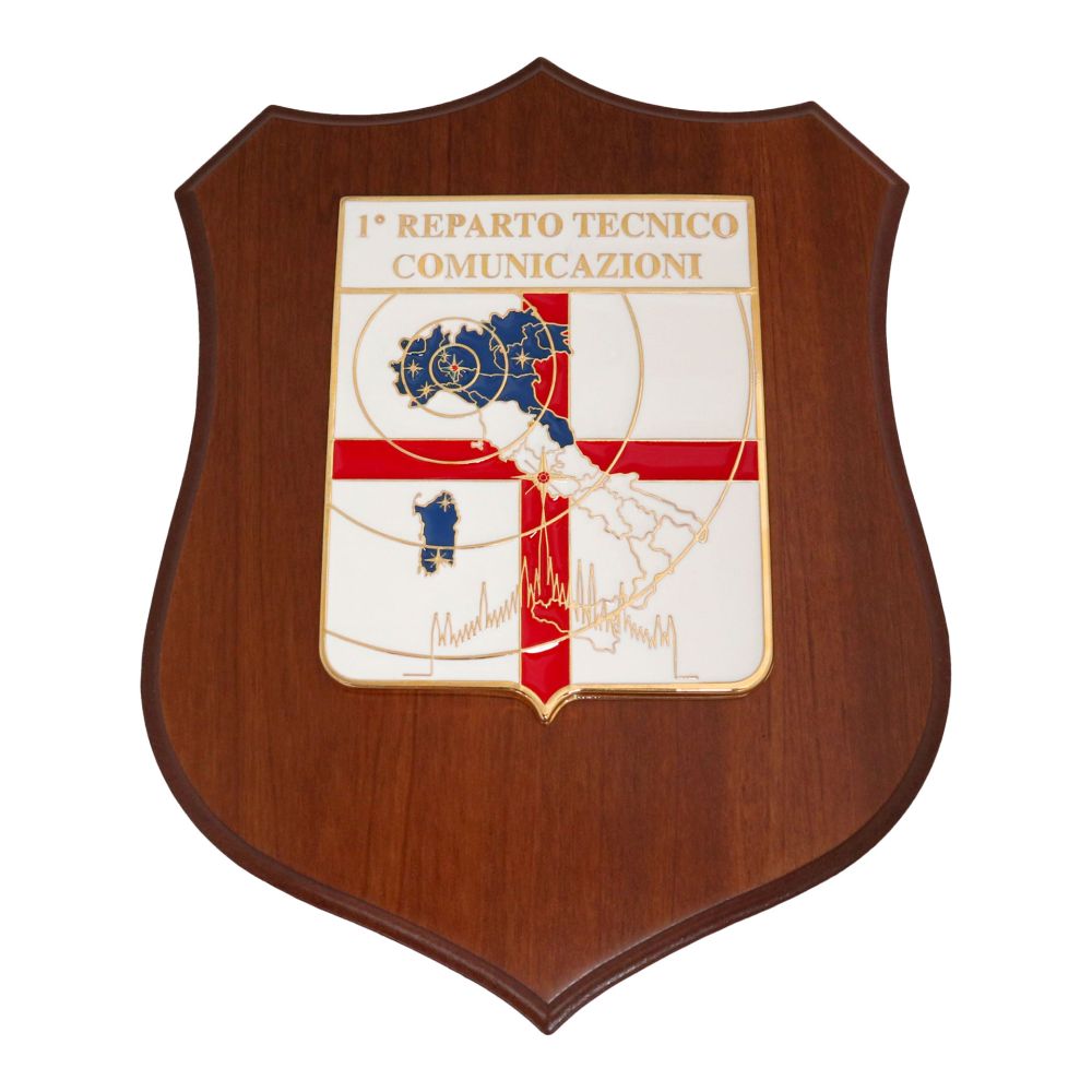 CREST IN METALLO SMALTATO BASE LEGNO 22,5X17,5CM 1 REPARTO TECNICO COMUNICAZIONI AERONAUTICA MILITARE