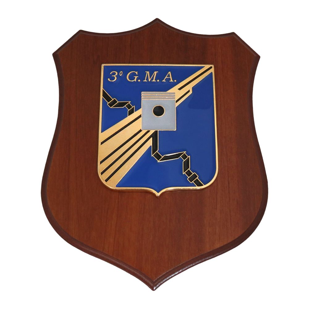CREST IN METALLO SMALTATO BASE LEGNO 22,5X17,5CM 3 GRUPPO MANUTENZIONE AUTOVEICOLI AERONAUTICA MILITARE