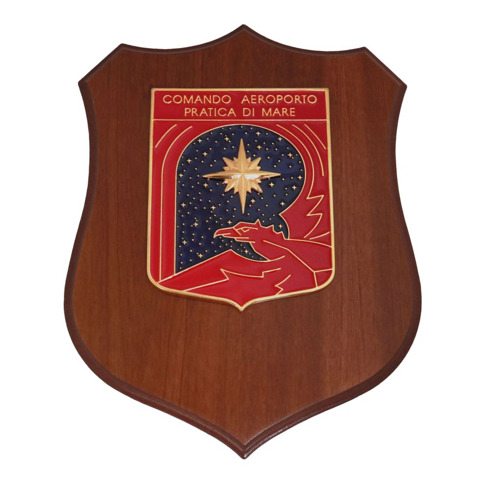 CREST IN METALLO SMALTATO BASE LEGNO 22,5X17,5CM COMANDO AEROPORTO PRATICA DI MARE AERONAUTICA MILITARE