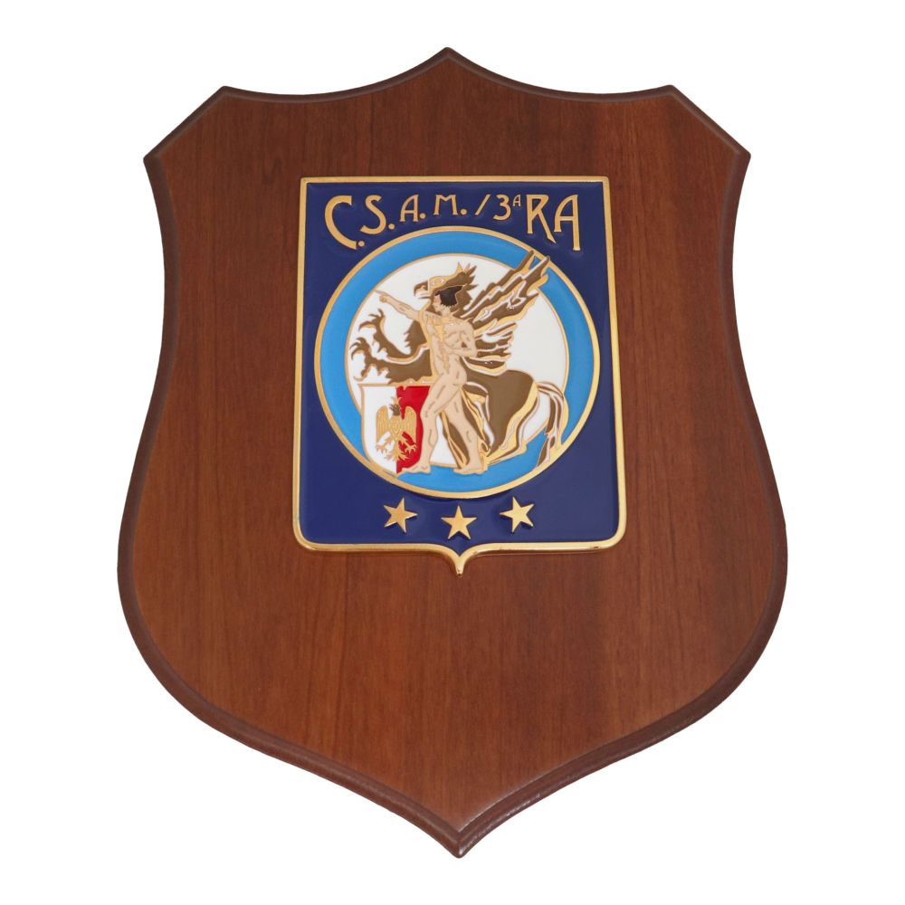 CREST IN METALLO SMALTATO BASE LEGNO 22,5X17,5CM CSAM 3 RA AERONAUTICA MILITARE