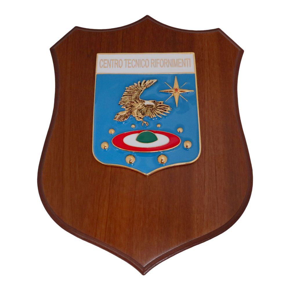 CREST IN METALLO SMALTATO BASE LEGNO 22,5X17,5CM CENTRO TECNICO RIFORNIMENTI AERONAUTICA MILITARE