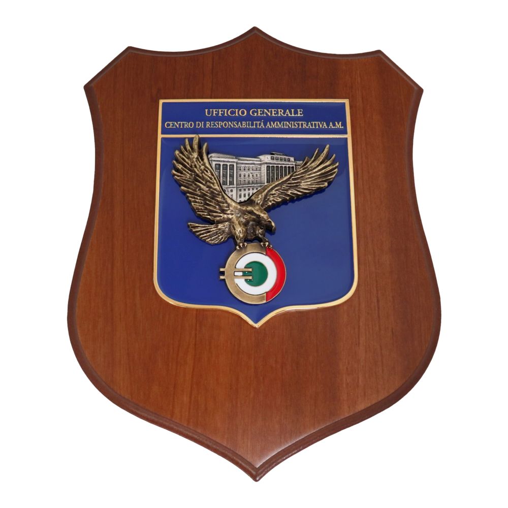 CREST IN METALLO SMALTATO BASE LEGNO 22,5X17,5CM UFFICIO GENERALE CENTRO DI RESPONSABILITA' AMMINISTRATIVA AERONAUTICA MILITARE.AMM.