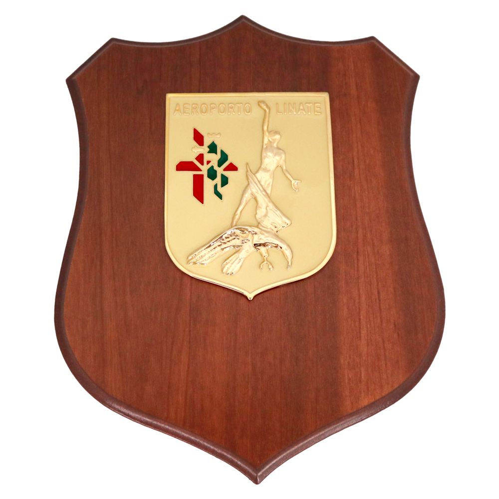 CREST IN METALLO SMALTATO BASE LEGNO 22,5X17,5CM AEROPORTO LINATE AERONAUTICA MILITARE