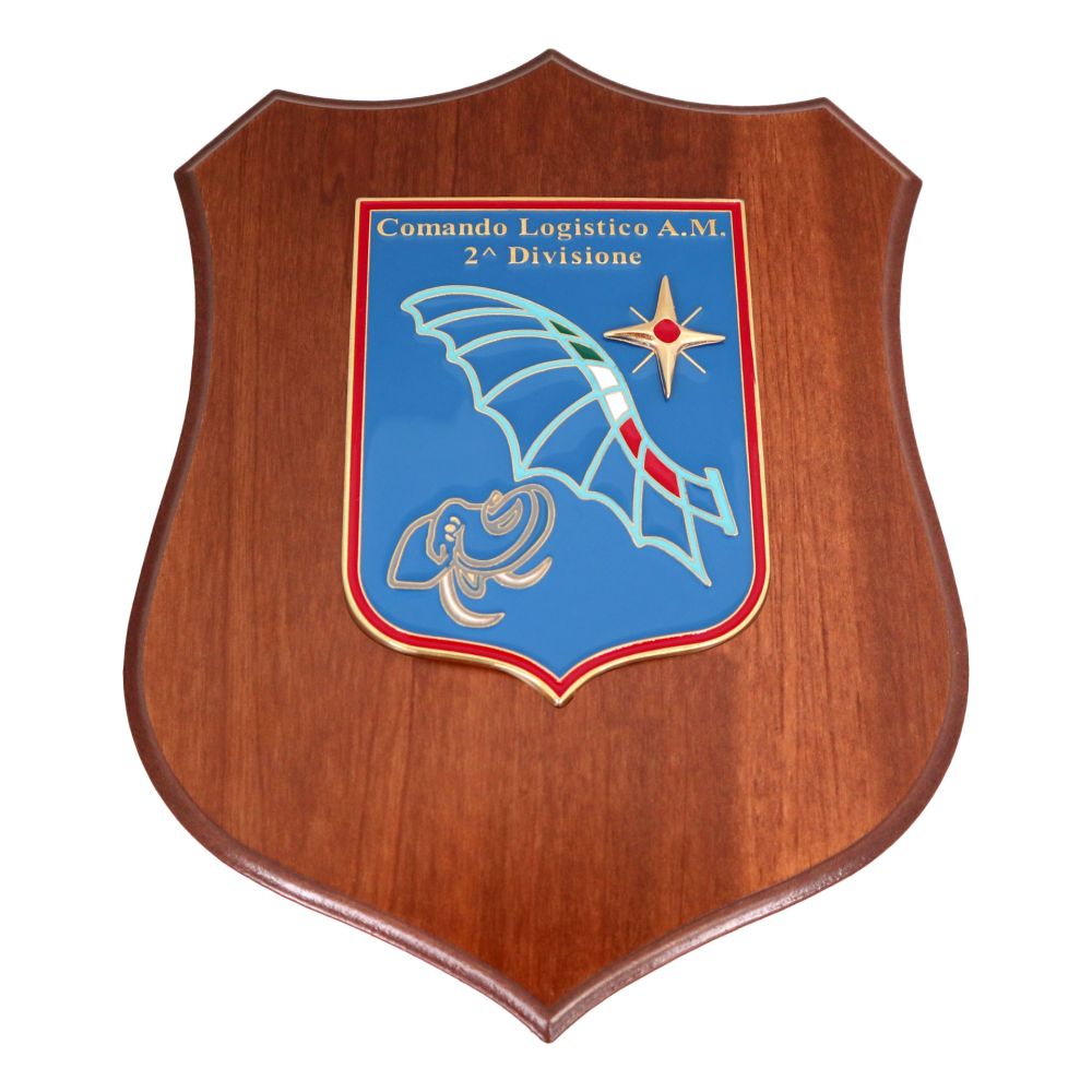 CREST IN METALLO SMALTATO BASE LEGNO 22,5X17,5CM COMANDO LOGISTICO 2 DIVISIONE AERONAUTICA MILITARE