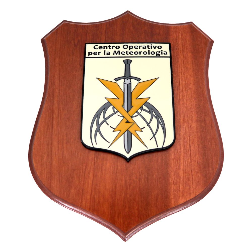 CREST IN METALLO SMALTATO BASE LEGNO 22,5X17,5CM CENTRO OPERATIVO METEOROLOGIA AERONAUTICA MILITARE