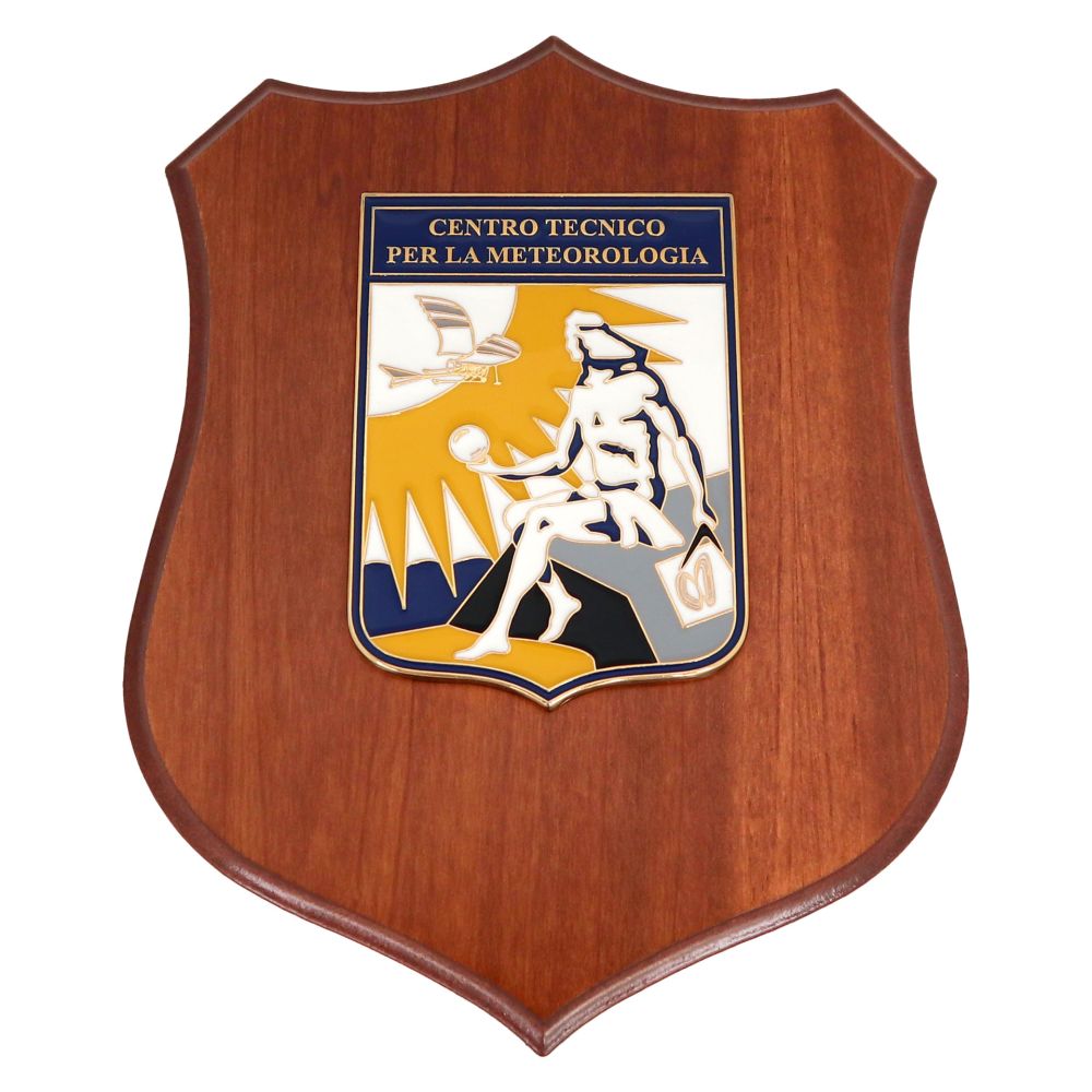 CREST IN METALLO SMALTATO BASE LEGNO 22,5X17,5CM CENTRO TECNICO METEOROLOGIA AERONAUTICA MILITARE