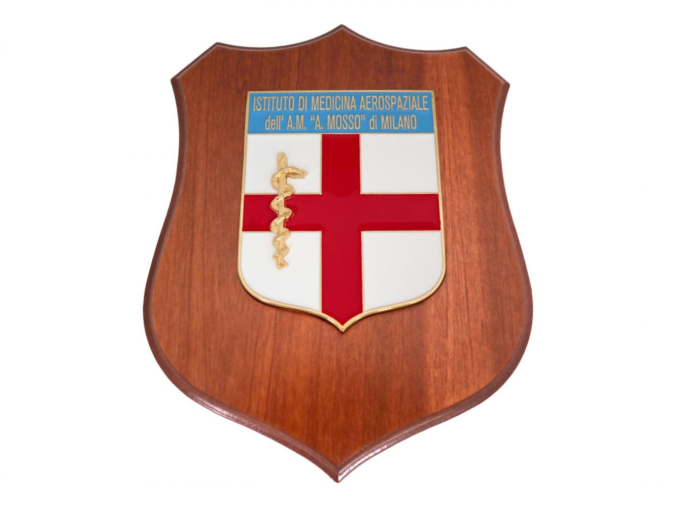 CREST IN METALLO SMALTATO BASE LEGNO 22,5X17,5CM ISTITUTO DI MEDICINA AEROSPAZIALE MOSSO DI MILANO AERONAUTICA MILITARE