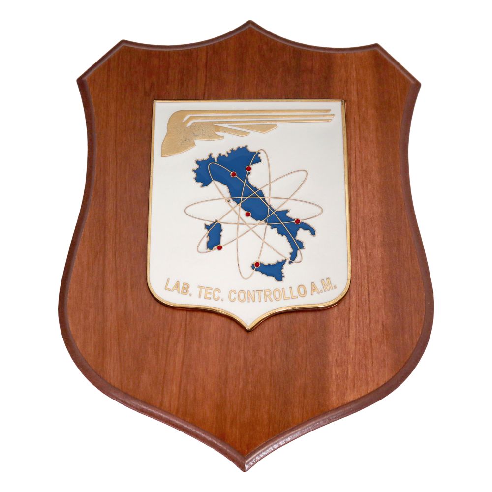 CREST IN METALLO SMALTATO BASE LEGNO 22,5X17,5CM LABORATORIO TECNICO CONTOLLO AERONAUTICA MILITARE