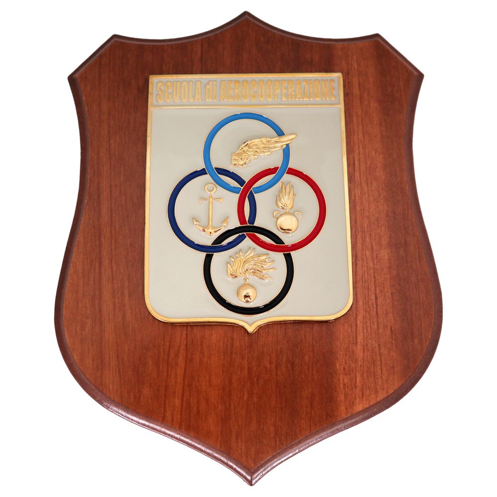 CREST IN METALLO SMALTATO BASE LEGNO 22,5X17,5CM SCUOLA AEROCOOPERAZIONE AERONAUTICA MILITARE