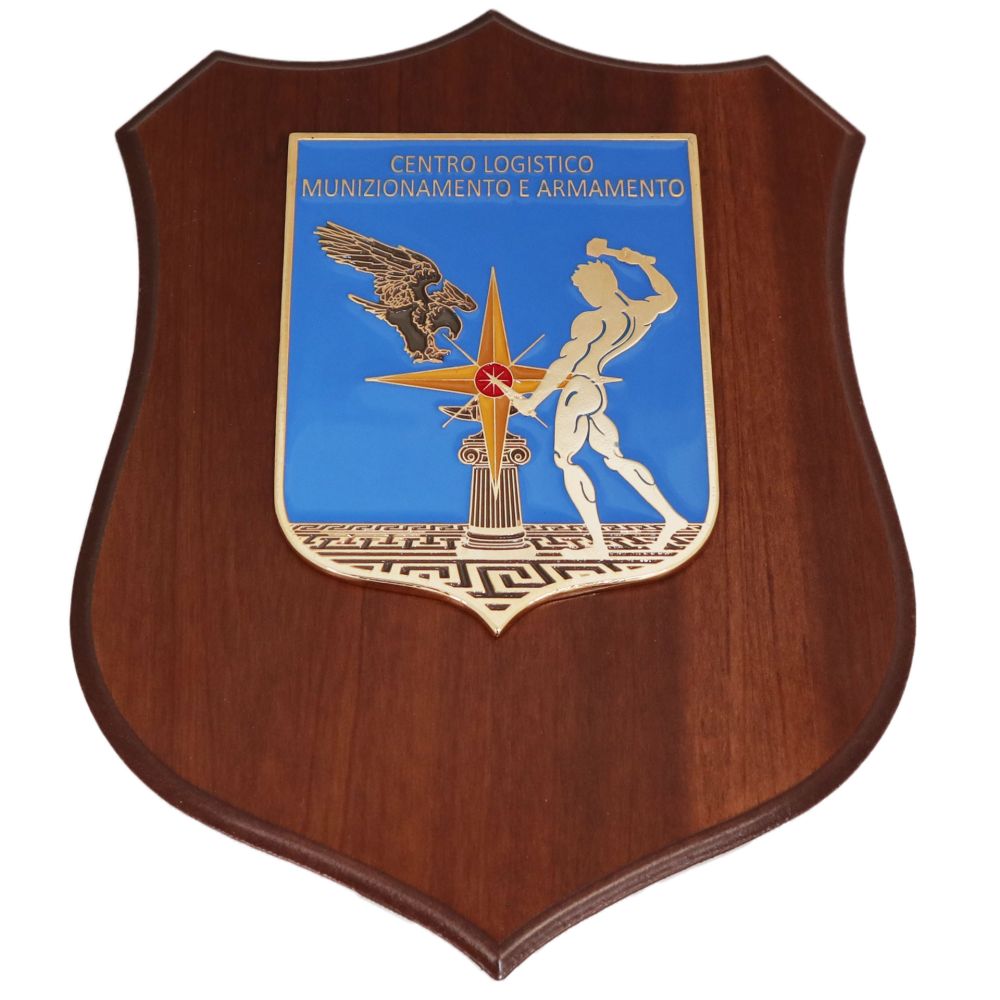 CREST IN METALLO SMALTATO BASE LEGNO 22,5X17,5CM CENTRO LOGISTICO MUNIZIONAMENTO E ARMAMENTO AERONAUTICA MILITARE