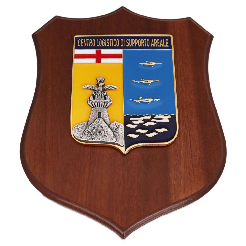 CREST IN METALLO SMALTATO BASE LEGNO 22,5X17,5CM CENTRO LOGISTICO DI SUPPORTO AREALE AERONAUTICA MILITARE
