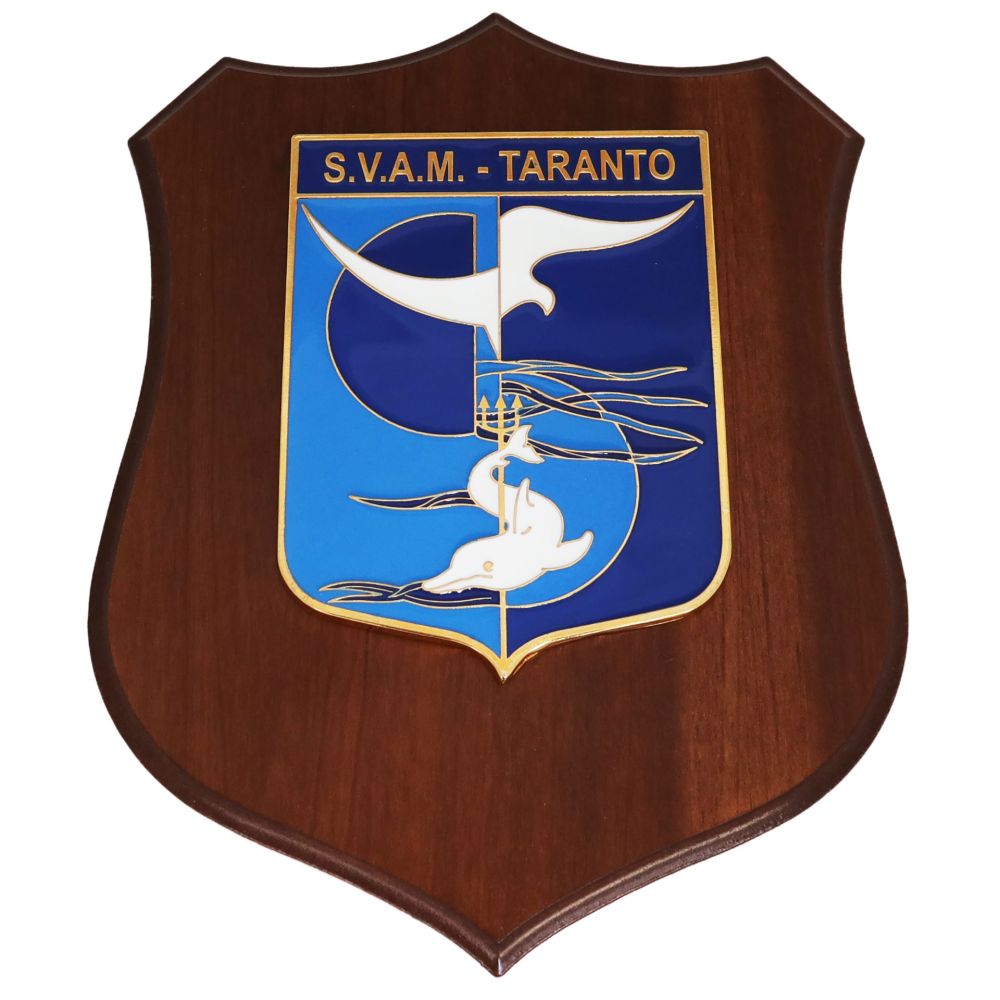 CREST IN METALLO SMALTATO BASE LEGNO 22,5X17,5CM SCUOLA VOLONTARI AERONAUTICA MILITARE