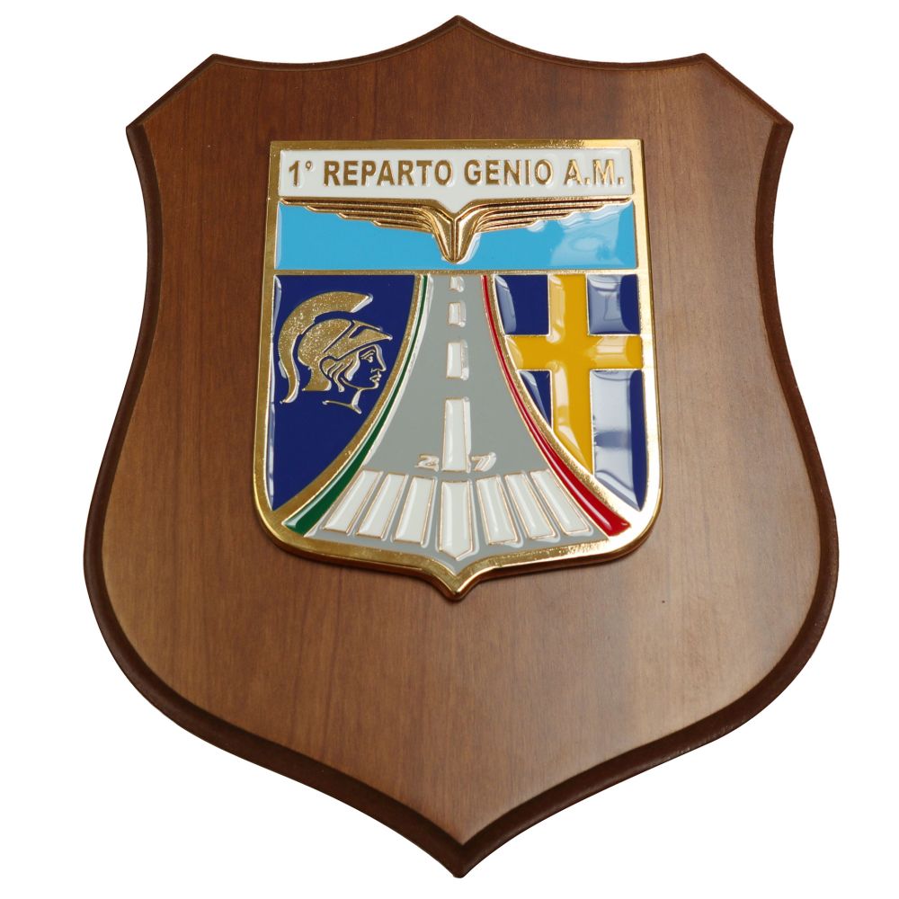 CREST IN METALLO SMALTATO BASE LEGNO 22,5X17,5CM 1 REPARTO GENIO AERONAUTICA MILITARE
