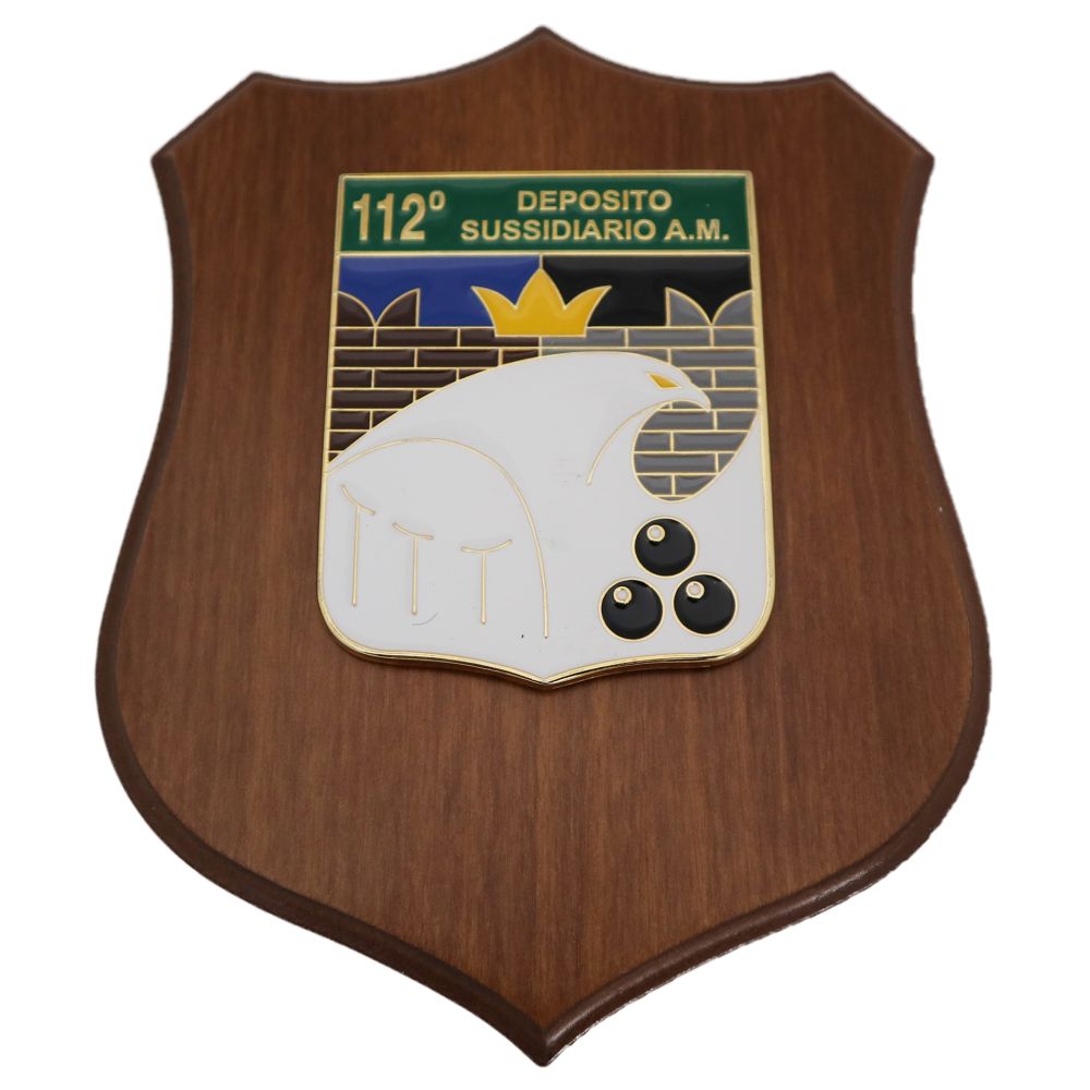 CREST IN METALLO SMALTATO BASE LEGNO 22,5X17,5CM 112 DEPOSITO SUSSIDIARIO AERONAUTICA MILITARE