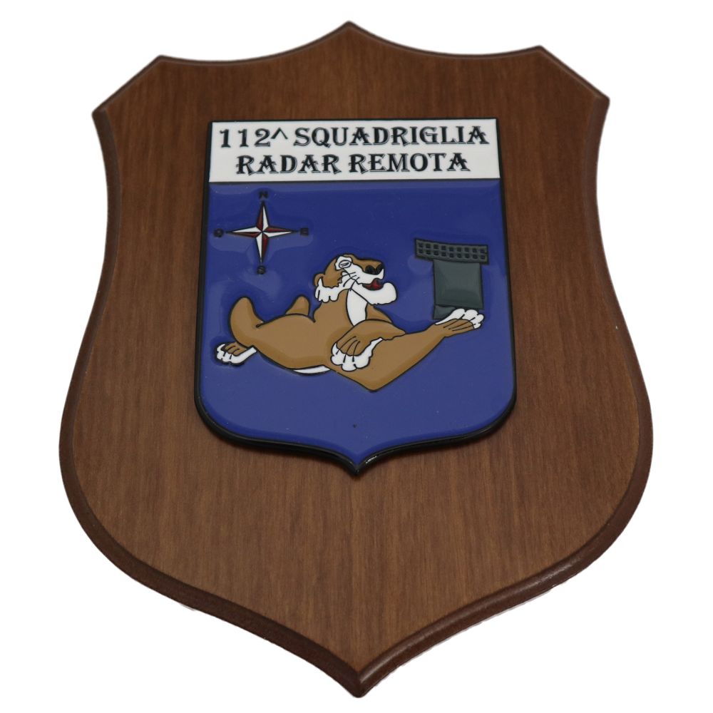 CREST IN METALLO SMALTATO BASE LEGNO 22,5X17,5CM 112 SQUADRIGLIA RADAR REMOTA AERONAUTICA MILITARE