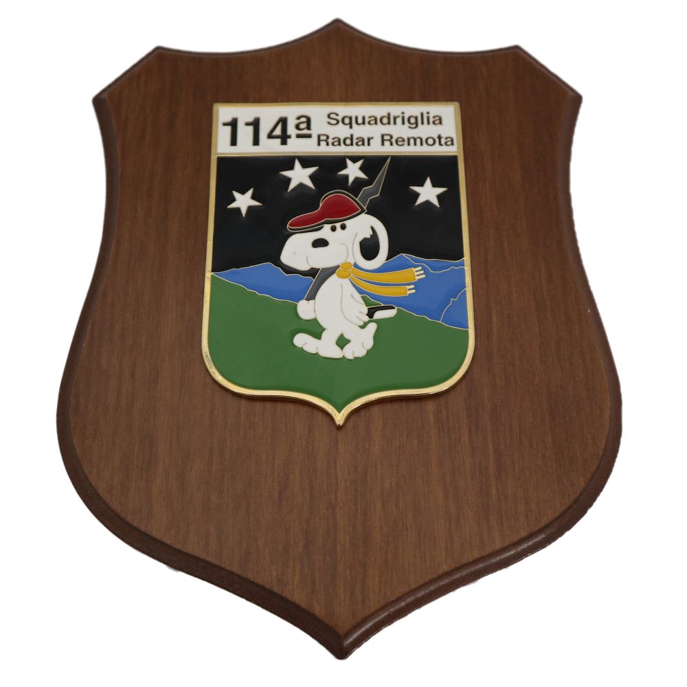 CREST IN METALLO SMALTATO BASE LEGNO 22,5X17,5CM 114 SQUADRIGLIA RADAR REMOTA AERONAUTICA MILITARE