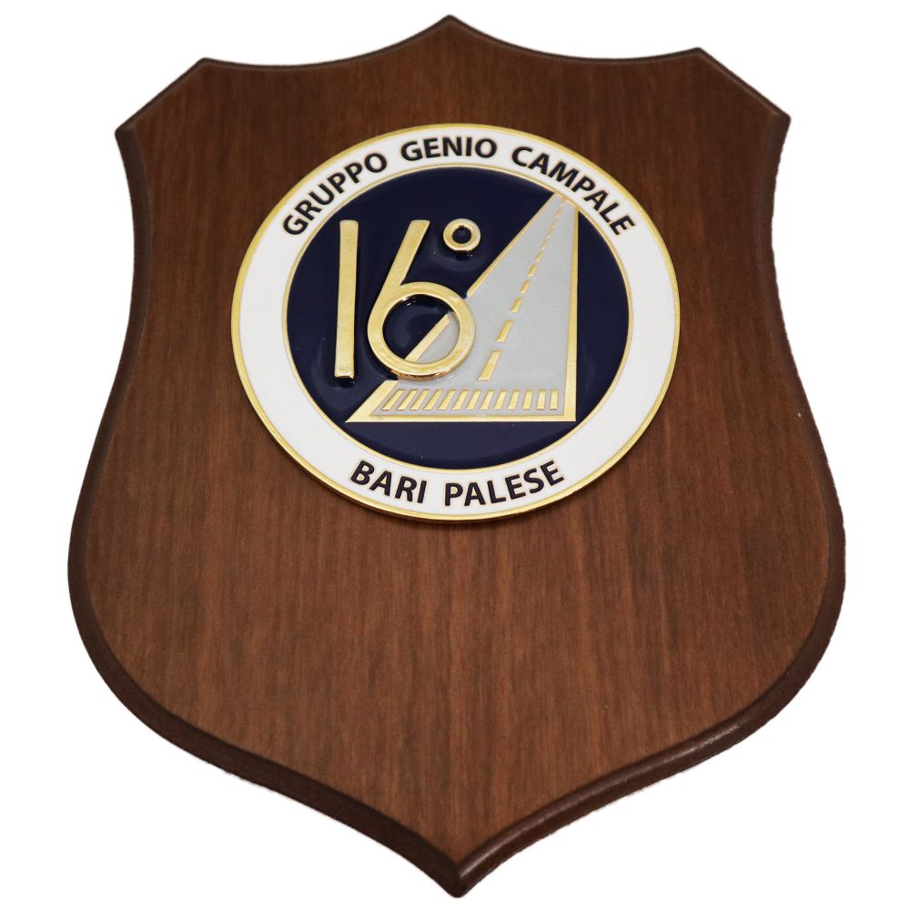 CREST IN METALLO SMALTATO BASE LEGNO 22,5X17,5CM 16 GRUPPO GENIO CAMPALE AERONAUTICA MILITARE