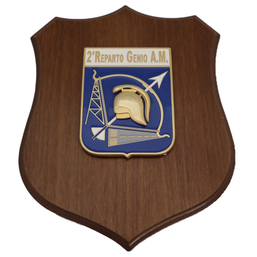CREST IN METALLO SMALTATO BASE LEGNO 22,5X17,5CM 2 REPARTO GENIO AERONAUTICA MILITARE
