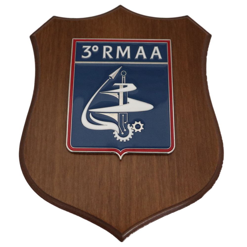 CREST IN METALLO SMALTATO BASE LEGNO 22,5X17,5CM 3 REPARTO MANUTENZIONE AEROMOBILI AERONAUTICA MILITARE
