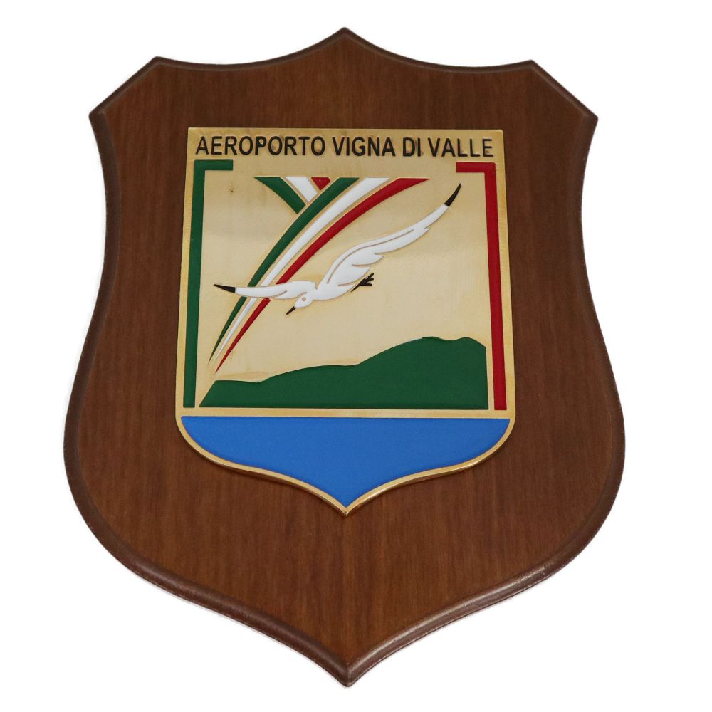 CREST IN METALLO SMALTATO BASE LEGNO 22,5X17,5CM AEROPORTO VIGNA VALLE AERONAUTICA MILITARE