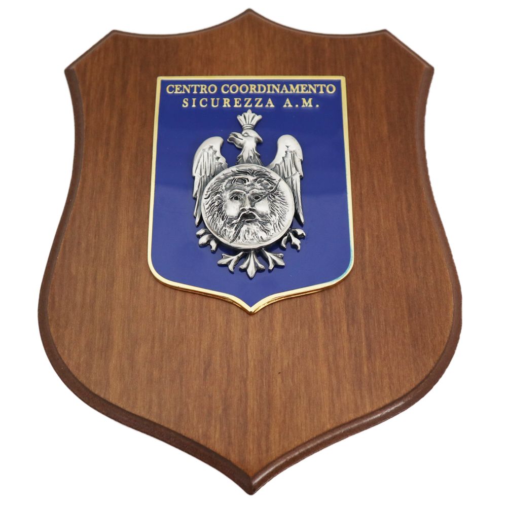 CREST IN METALLO SMALTATO BASE LEGNO 22,5X17,5CM CENTRO COORDINAMENTO SICUREZZA AERONAUTICA MILITARE