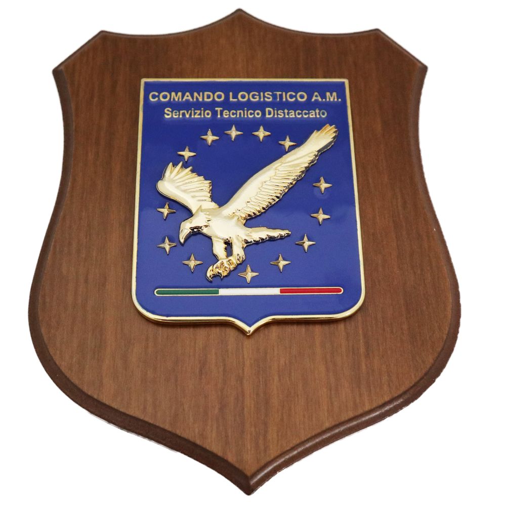 CREST IN METALLO SMALTATO BASE LEGNO 22,5X17,5CM COMANDO LOGISTICO SERVIZIO TECNICO DISTACCATO AERONAUTICA MILITARE