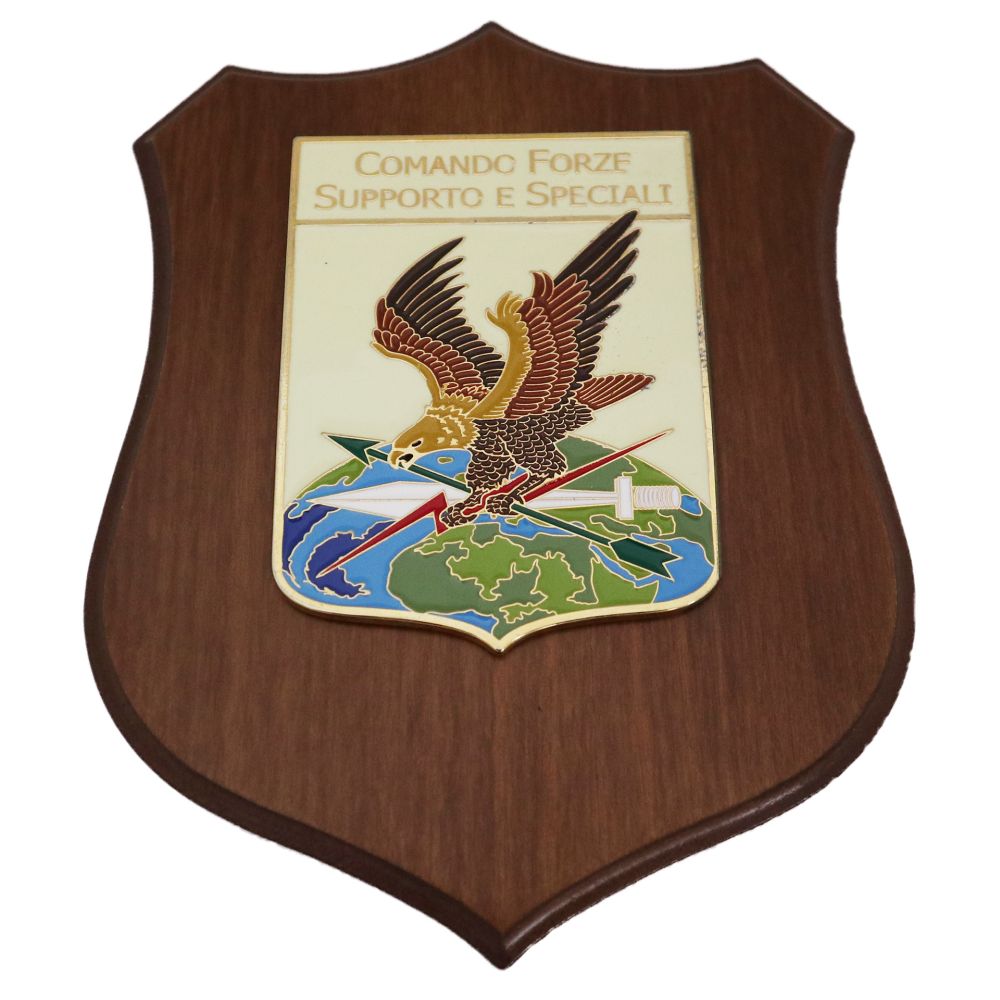 CREST IN METALLO SMALTATO BASE LEGNO 22,5X17,5CM COMANDO FORZE SUPPORTO E SPECIALI AERONAUTICA MILITARE