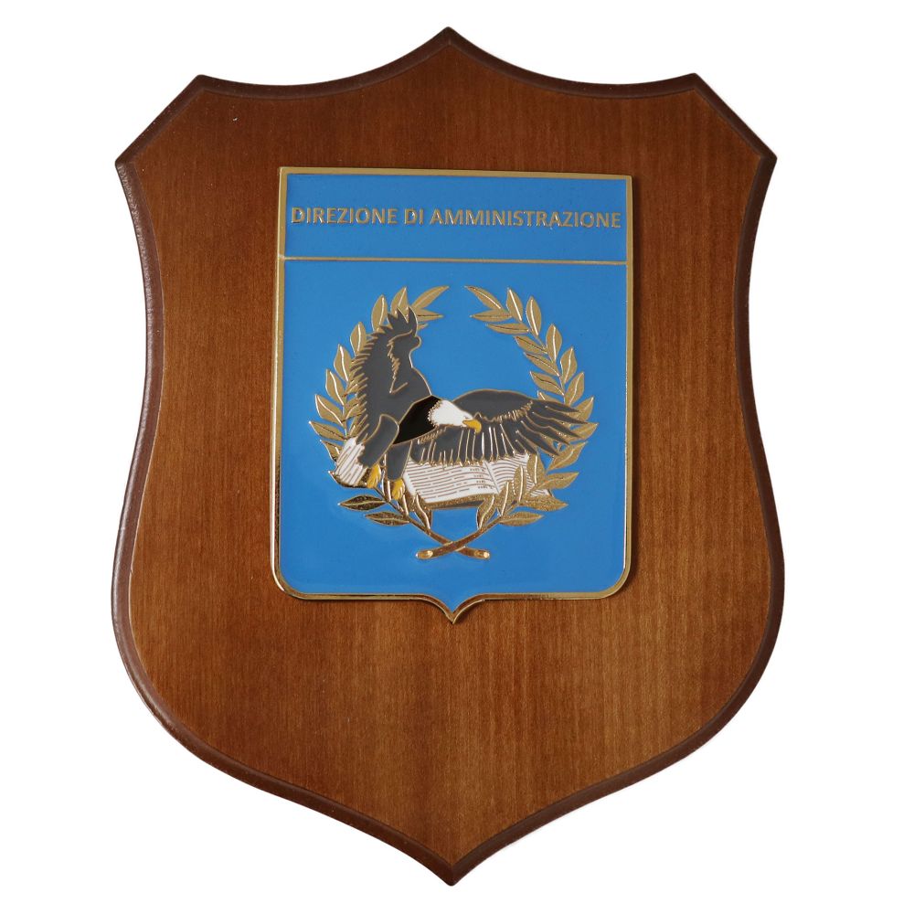 CREST IN METALLO SMALTATO BASE LEGNO 22,5X17,5CM DIREZIONE AMMINISTRAZIONE AERONAUTICA MILITARE
