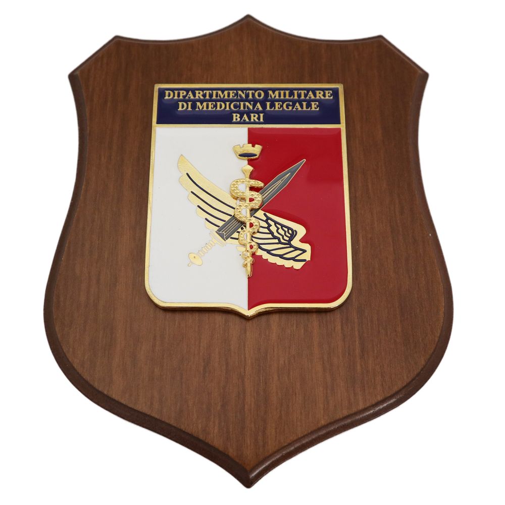 CREST IN METALLO SMALTATO BASE LEGNO 22,5X17,5CM DIPARTIMENTO MEDICINA LEGALE BARI AERONAUTICA MILITARE