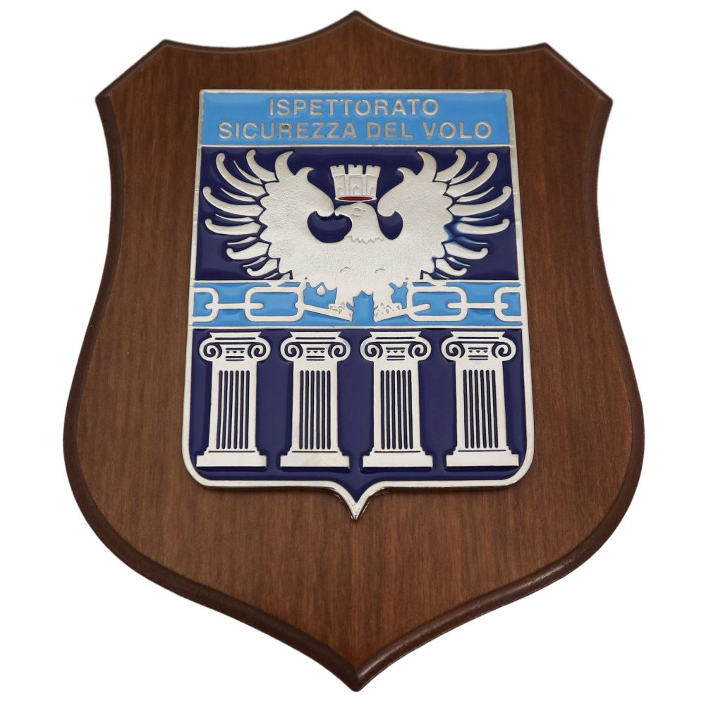 CREST IN METALLO SMALTATO BASE LEGNO 22,5X17,5CM ISPETTORATO SICUREZZA DEL VOLO AERONAUTICA MILITARE