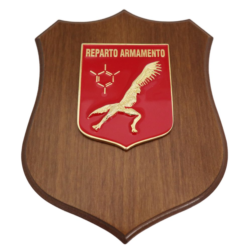 CREST IN METALLO SMALTATO BASE LEGNO 22,5X17,5CM REPARTO ARMAMENTO AERONAUTICA MILITARE