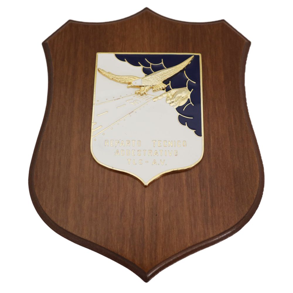 CREST IN METALLO SMALTATO BASE LEGNO 22,5X17,5CM REPARTO TECNICO ADDESTRATIVO TELECOMUNICAIZONI AERONAUTICA MILITARE