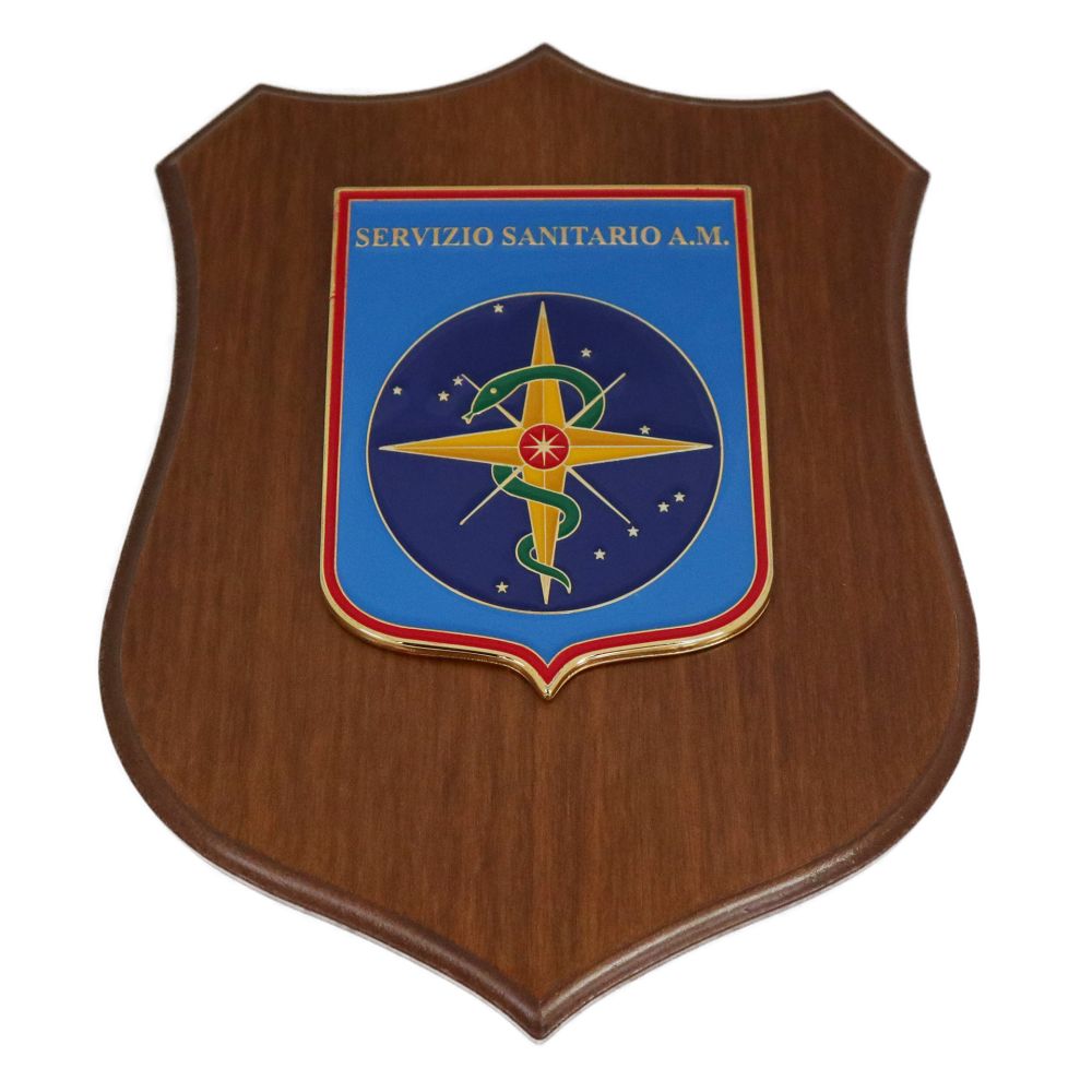 CREST IN METALLO SMALTATO BASE LEGNO 22,5X17,5CM SERVIZIO SANITARIO AERONAUTICA MILITARE